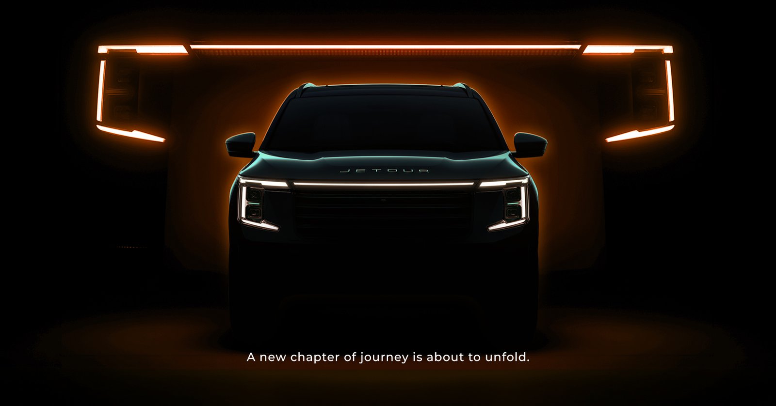 Front view of a JETOUR SUV with illuminated headlights against an orange glow. A new chapter of journey is about to unfold.